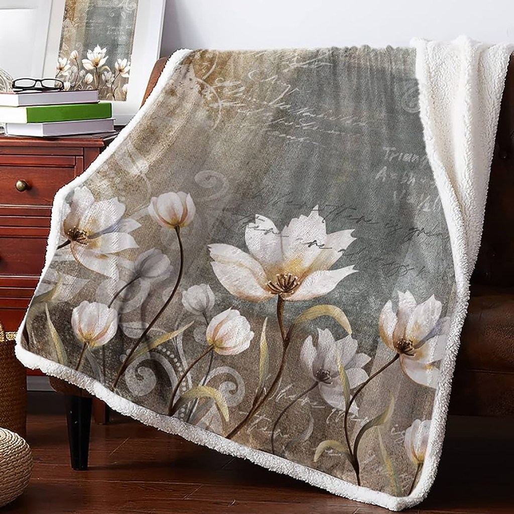 Sherpa Fleece Throw Blanket Fluffy Fuzzy Cozy Flannel Plush Blankets Tulip  Vintage Floral Oil Painting Reversible Soft Warm Bed Throws Gray Brown